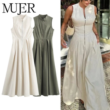 Robe longue à fermeture éclair pour femme, plissée, sans manches, moulante, élégante, tenue de soirée, mi-longue, été, 2025