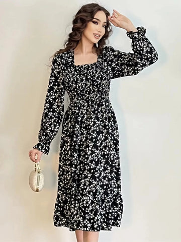 Robe décontractée à manches longues pour femmes, en mousseline de soie, automne et printemps, coupe trapèze, imprimé floral, élastique sur la poitrine, lacets, mi-longue