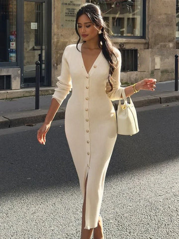 Robe de soirée élégante Trendix pour femmes, col en V, manches longues, patchwork, boutons, fente, pull, automne-hiver 2024, robe longue en tricot