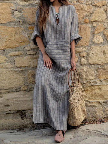 Robe longue à rayures en coton et lin teints en fil pour femme, nouvelle collection automne, avec grandes poches tendance, robe ample sexy à col en V et manches longues