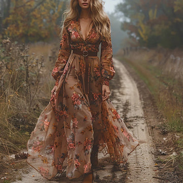 Robe longue plissée taille haute à imprimé vintage pour femme, décontractée, col en V, style bohème, manches longues, collection automne 2024