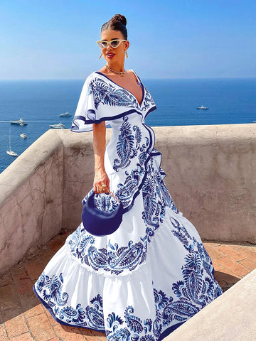 Robe longue à volants pour femme, tenue de plage, grande taille, col en V, sexy, idéale pour les fêtes et les vacances