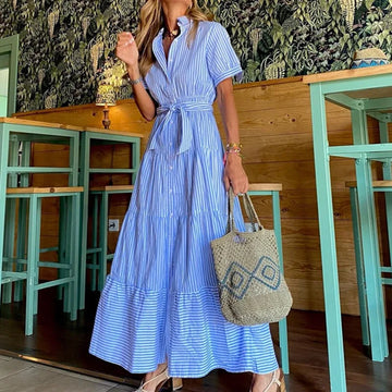 Robe longue à rayures bleues pour femmes, manches courtes, lacets, ourlet à volants, style streetwear, style bohème, vacances, bureau, robes d'été