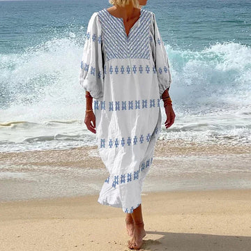 Robe longue élégante à col en V profond et manches longues pour femme, motif imprimé patchwork, style bohème, décontractée, plissée, ample, pour les vacances