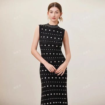 Robe tricotée de style européen et américain pour femme, col rond, perles chaudes, style unique, amincissant, longue, printemps/été