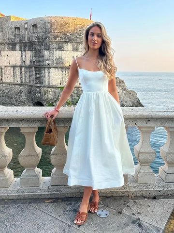 2025 Robes pour femmes Rose Élégante et Jolie Midi Blanc Robe de Vacances Spaghetti Strap Robe de Plage A Ligne Robes de Soirée