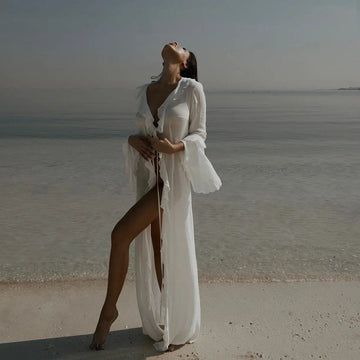 Nouvelle tunique de plage en mousseline de soie, robe de protection solaire, vêtements de plage pour femmes, col en V sexy, volants, manches longues, noir et blanc