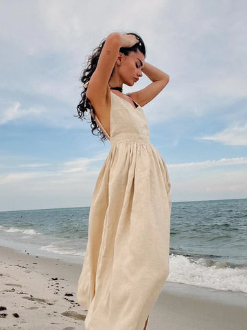 Bornladies Printemps Été Plage Style Femmes Robe Vintage Lâche A-ligne Sling Robe Sexy Fille Chaude 100% Coton Col V Robe