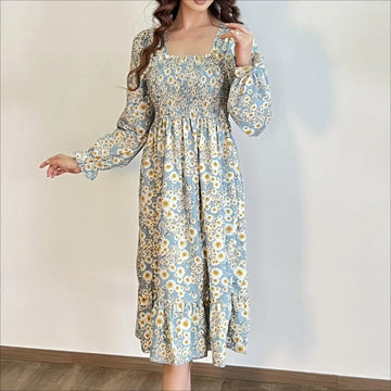 Robe décontractée en mousseline de soie pour femme, manches longues, coupe trapèze, imprimé floral, élastique sur la poitrine, lacets, mi-longue, automne et printemps