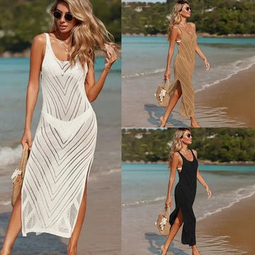 Robe longue d'été en tricot pour femme, tenue de plage sexy, col en U, ajourée, maille transparente, décontractée, slim