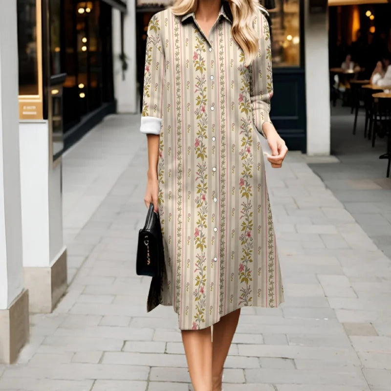 Robe fraîche d'automne décontractée à rayures, manches longues, boutonnée, style 2025. Robe-chemise élégante et ample.