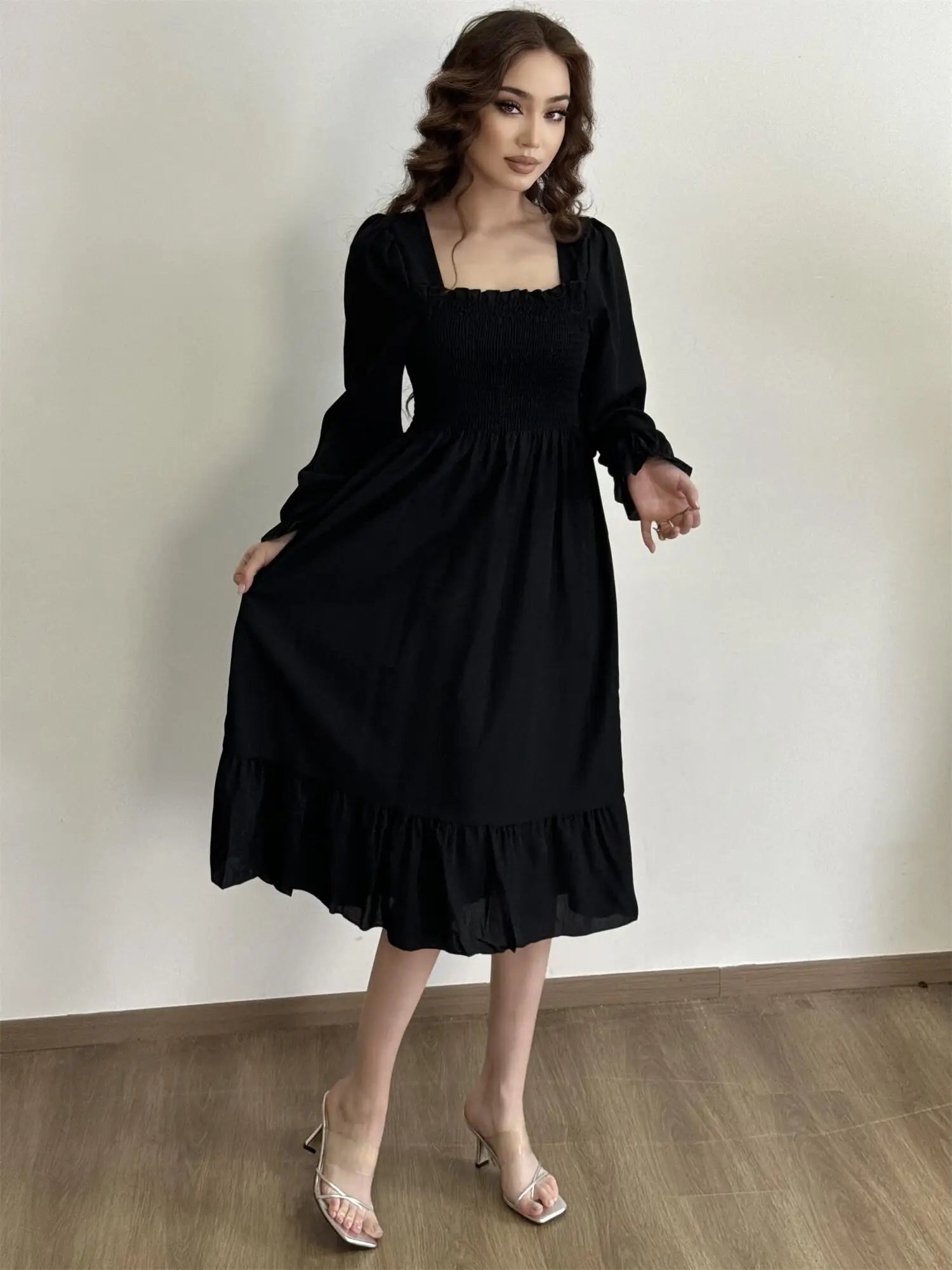 Robe décontractée en mousseline de soie pour femme, manches longues, coupe trapèze, imprimé floral, élastique sur la poitrine, lacets, mi-longue, automne et printemps