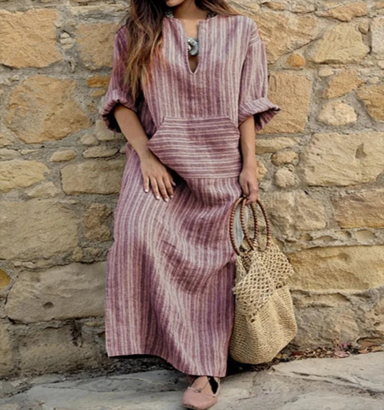 Robe longue à rayures en coton et lin teints en fil pour femme, nouvelle collection automne, avec grandes poches tendance, robe ample sexy à col en V et manches longues