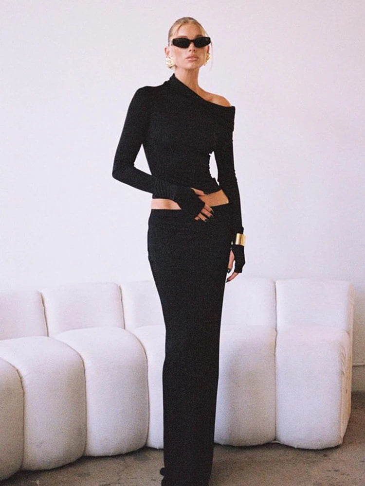 Ensemble de survêtement sexy Ahagaga pour femme, uni, manches longues, gants, col asymétrique, élégant, 2 pièces (haut + jupe).