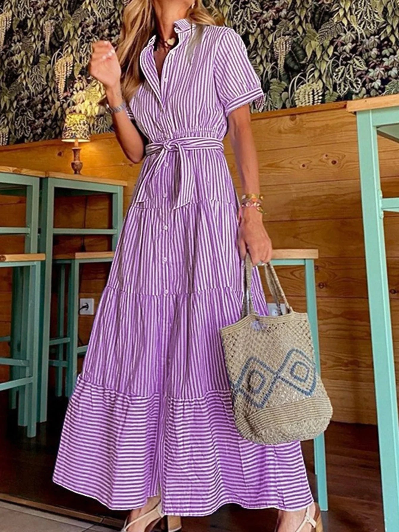 Robe longue à rayures bleues pour femmes, manches courtes, lacets, ourlet à volants, style streetwear, style bohème, vacances, bureau, robes d'été