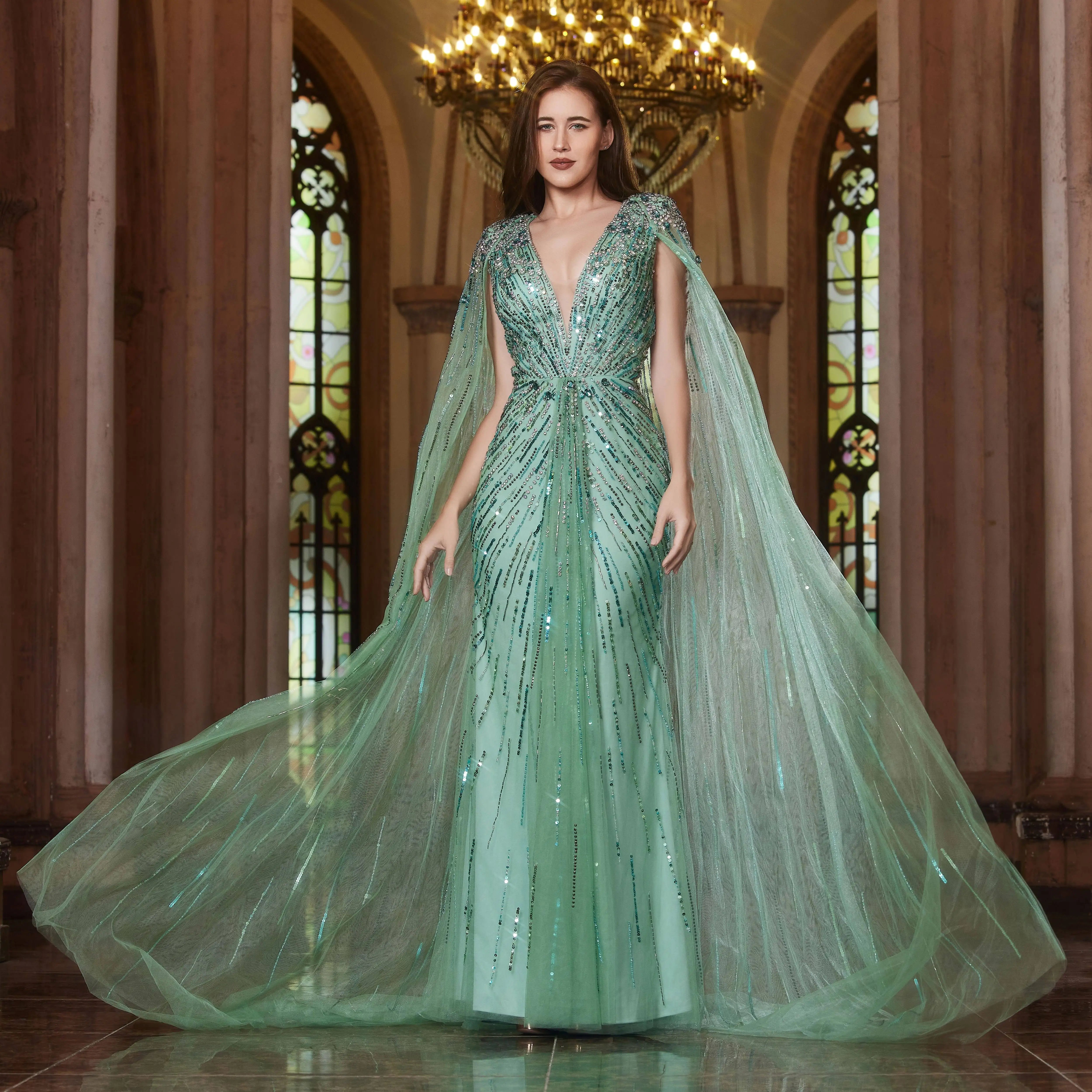 Robe de soirée luxueuse Alice CollectionPro vert sauge pour femme 2025 avec manches cape, robe de mariée longue champagne sur mesure
