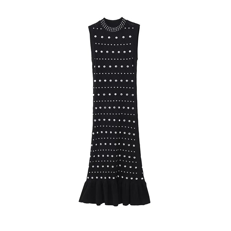 Robe tricotée de style européen et américain pour femme, col rond, perles chaudes, style unique, amincissant, longue, printemps/été