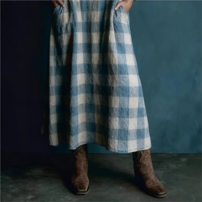Robe longue ample à carreaux, coupe droite, poches et manches longues, idéale pour le printemps et l'automne. Jupe longue confortable et élégante pour femme.