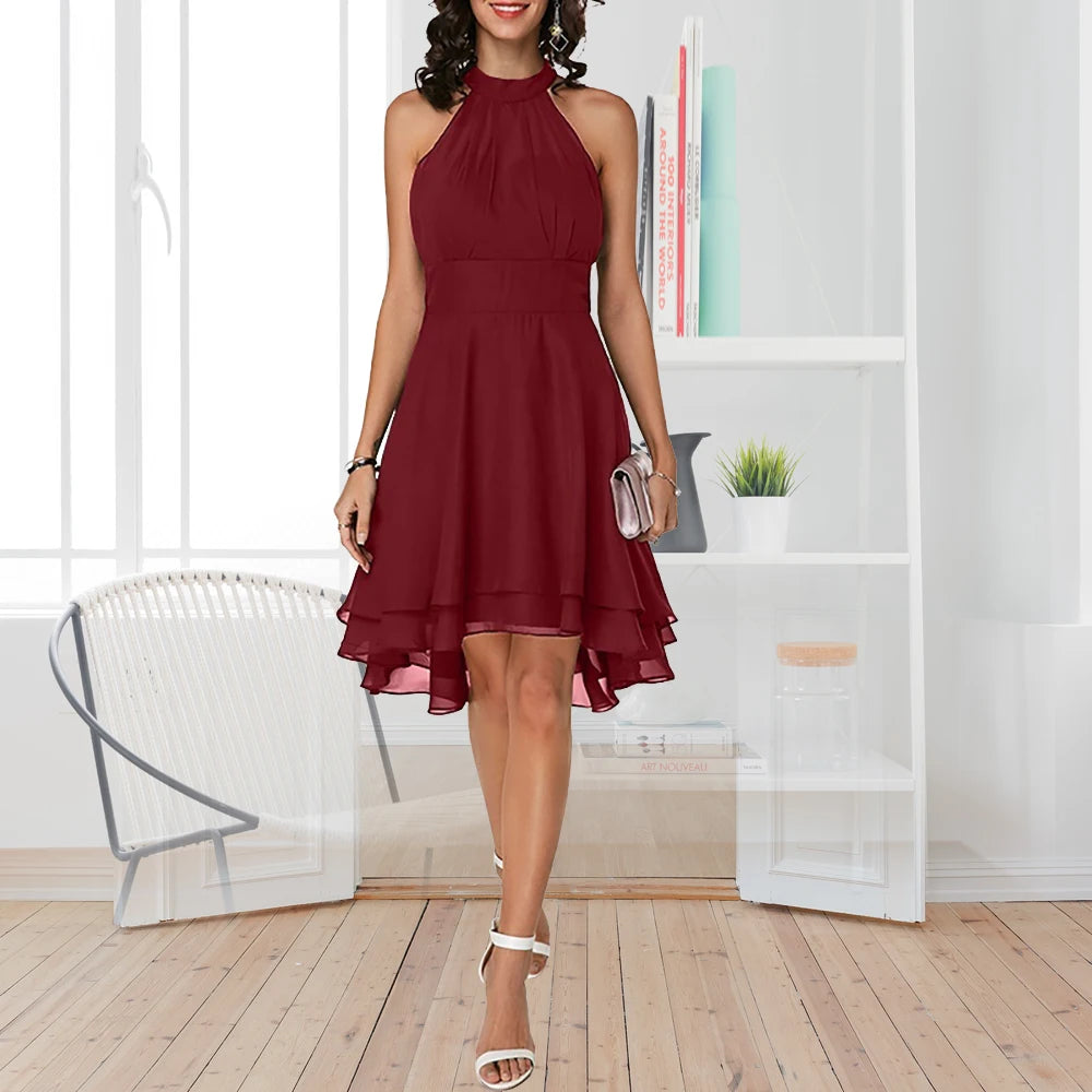 Robe d'été élégante pour femme, couleur unie, taille haute, col licou, sans manches, mi-longue, courte, superposée, en mousseline, tenue de soirée ajustée