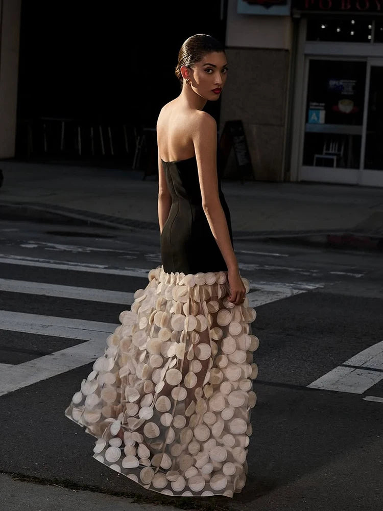 Robe tutu sans manches en tulle pour femme, épaules dénudées, couleur unie, dentelle à pois 3D, coupe trapèze, style féerique, idéale pour une soirée de luxe