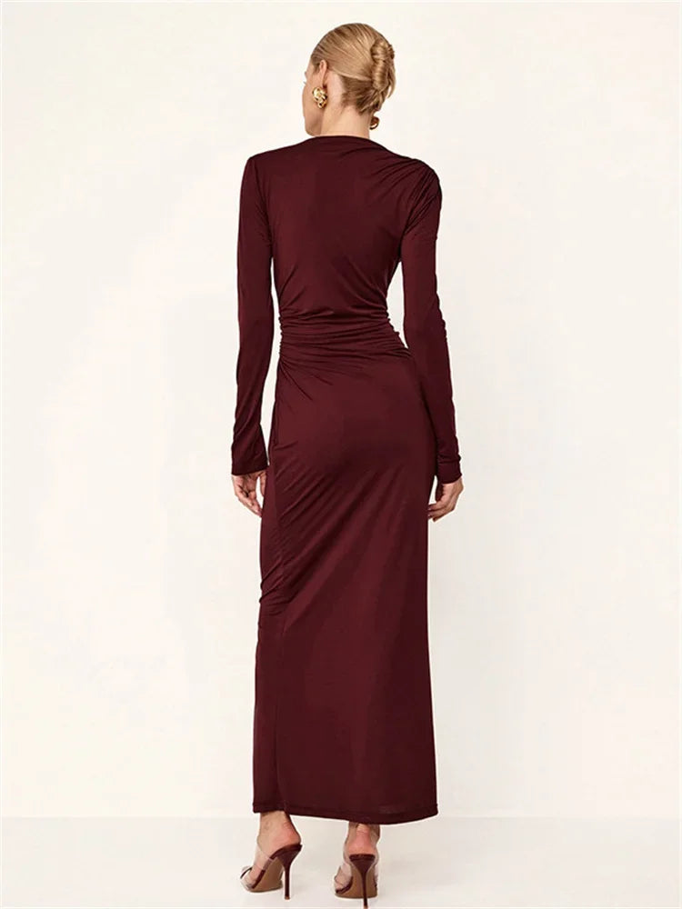 Robe longue plissée et fine pour femme, élégante, taille haute, manches longues, style bandage, automne, patchwork