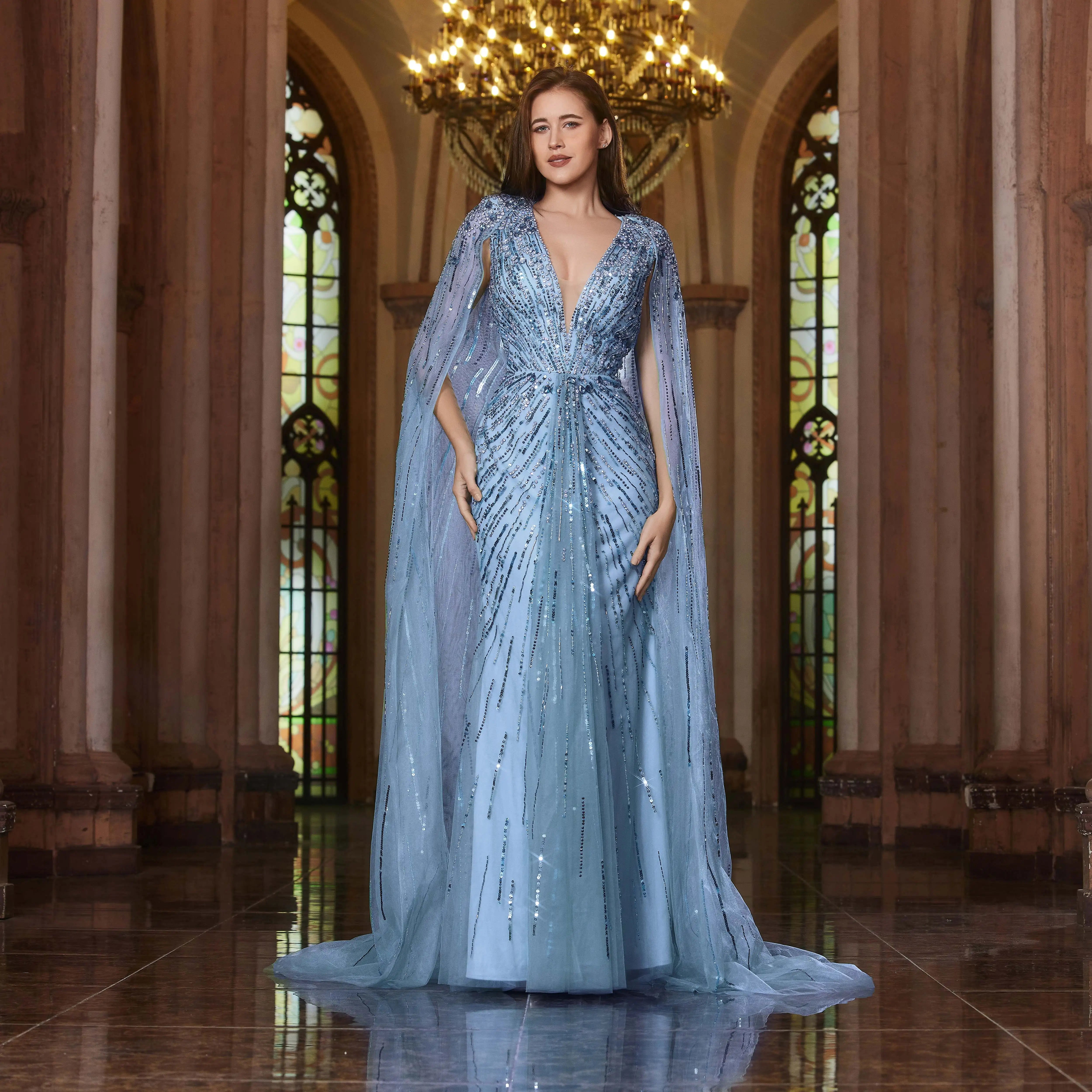 Robe de soirée luxueuse Alice CollectionPro vert sauge pour femme 2025 avec manches cape, robe de mariée longue champagne sur mesure