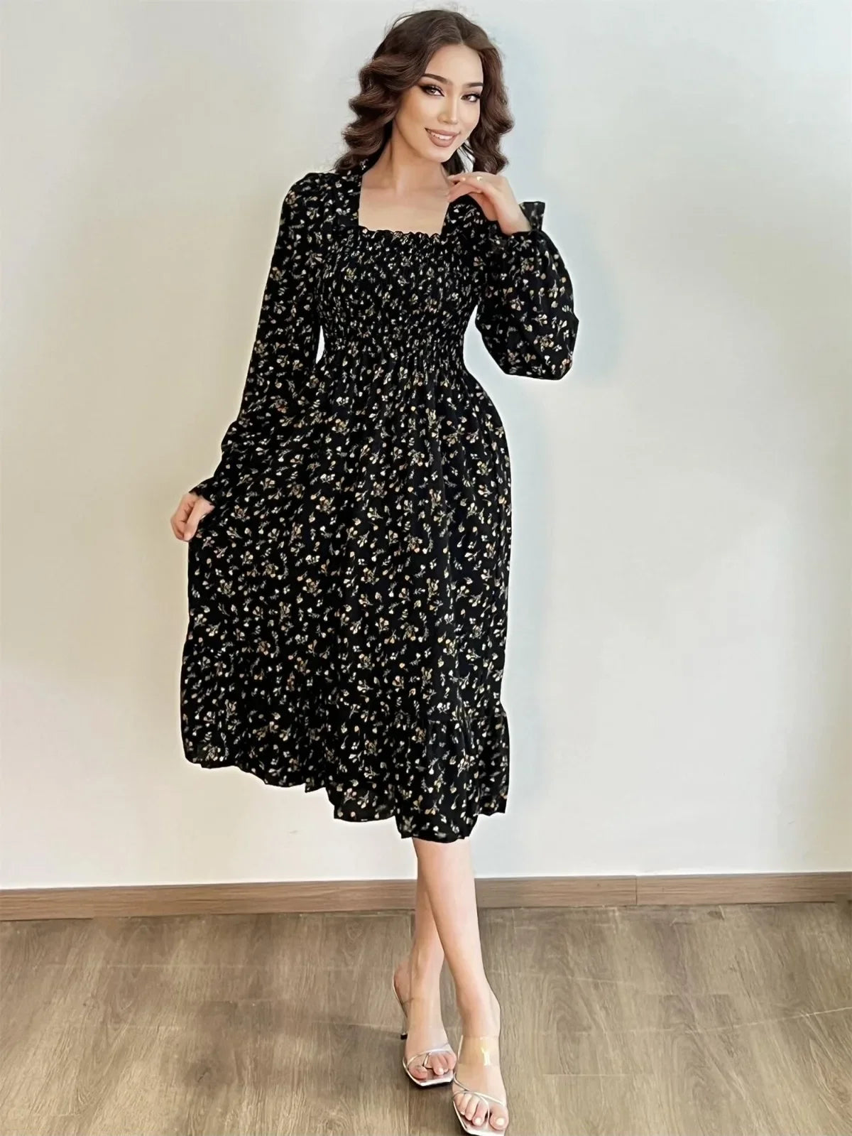 Robe décontractée à manches longues pour femmes, en mousseline de soie, automne et printemps, coupe trapèze, imprimé floral, élastique sur la poitrine, lacets, mi-longue