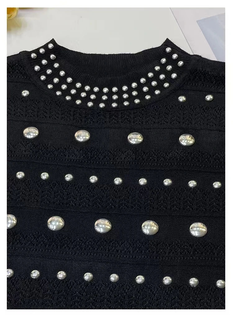 Robe tricotée de style européen et américain pour femme, col rond, perles chaudes, style unique, amincissant, longue, printemps/été