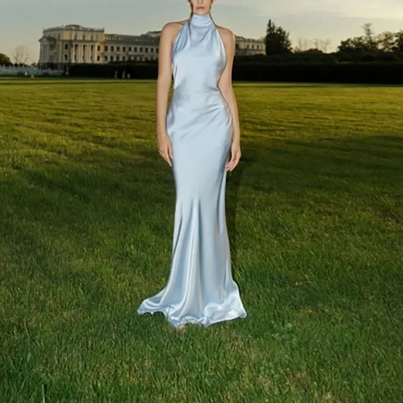 Robe longue dos nu sexy en satin uni pour femme, tenue de soirée moulante, sans manches, style bohème, été