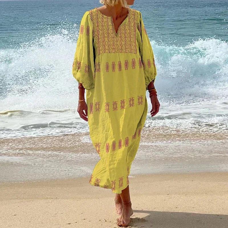 Robe longue élégante à col en V profond et manches longues pour femme, motif imprimé patchwork, style bohème, décontractée, plissée, ample, pour les vacances