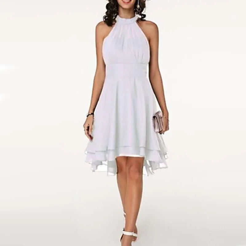 Robe d'été élégante pour femme, couleur unie, taille haute, col licou, sans manches, mi-longue, courte, superposée, en mousseline, tenue de soirée ajustée