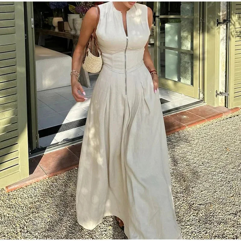 Jupe longue maxi plissée sans manches pour femme, collection été 2024, poches zippées sur le devant, coupe ajustée trapèze, ourlet large, style années 2000