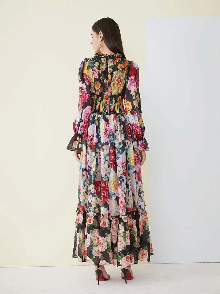 Robe d'été élégante à imprimé floral pour femme, manches longues, en mousseline de soie, col à volants, taille élastiquée, coupe trapèze.