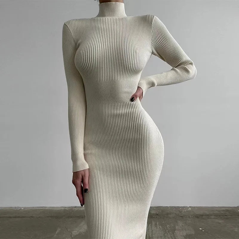 Robe mi-longue moulante à manches longues pour femme, nouvelle collection automne 2024, tricot, col roulé, élégante, couleur unie, slim