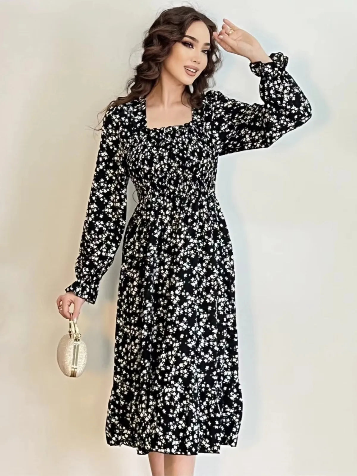 Robe décontractée à manches longues pour femmes, en mousseline de soie, automne et printemps, coupe trapèze, imprimé floral, élastique sur la poitrine, lacets, mi-longue