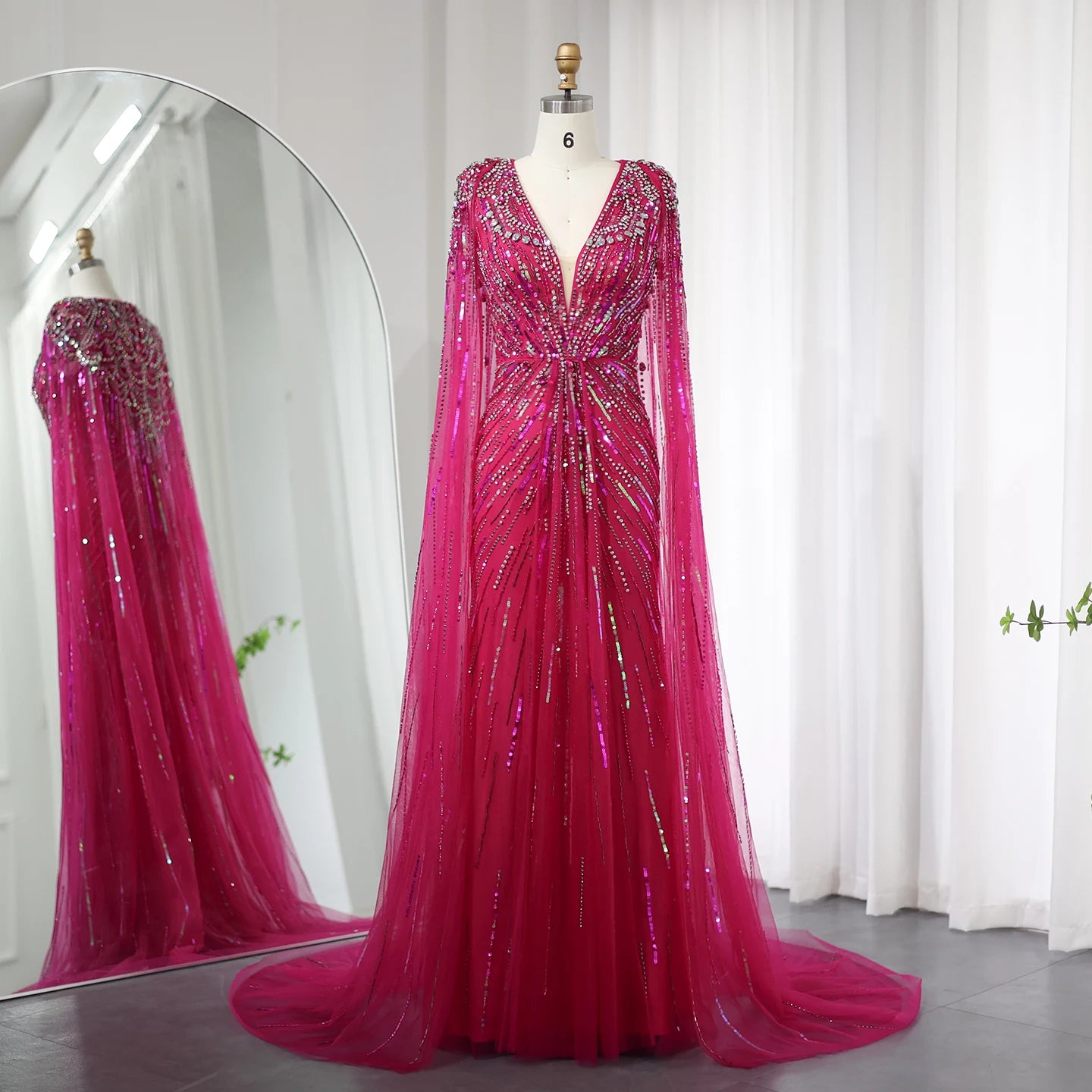 Sharon Said Robe de soirée luxueuse en cristal vert sauge avec cape fuchsia doré Robe de mariée arabe Robes de soirée SS399 Personnalisé