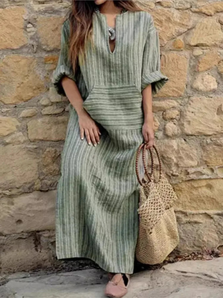 Robe longue à rayures en coton et lin teints en fil pour femme, nouvelle collection automne, avec grandes poches tendance, robe ample sexy à col en V et manches longues