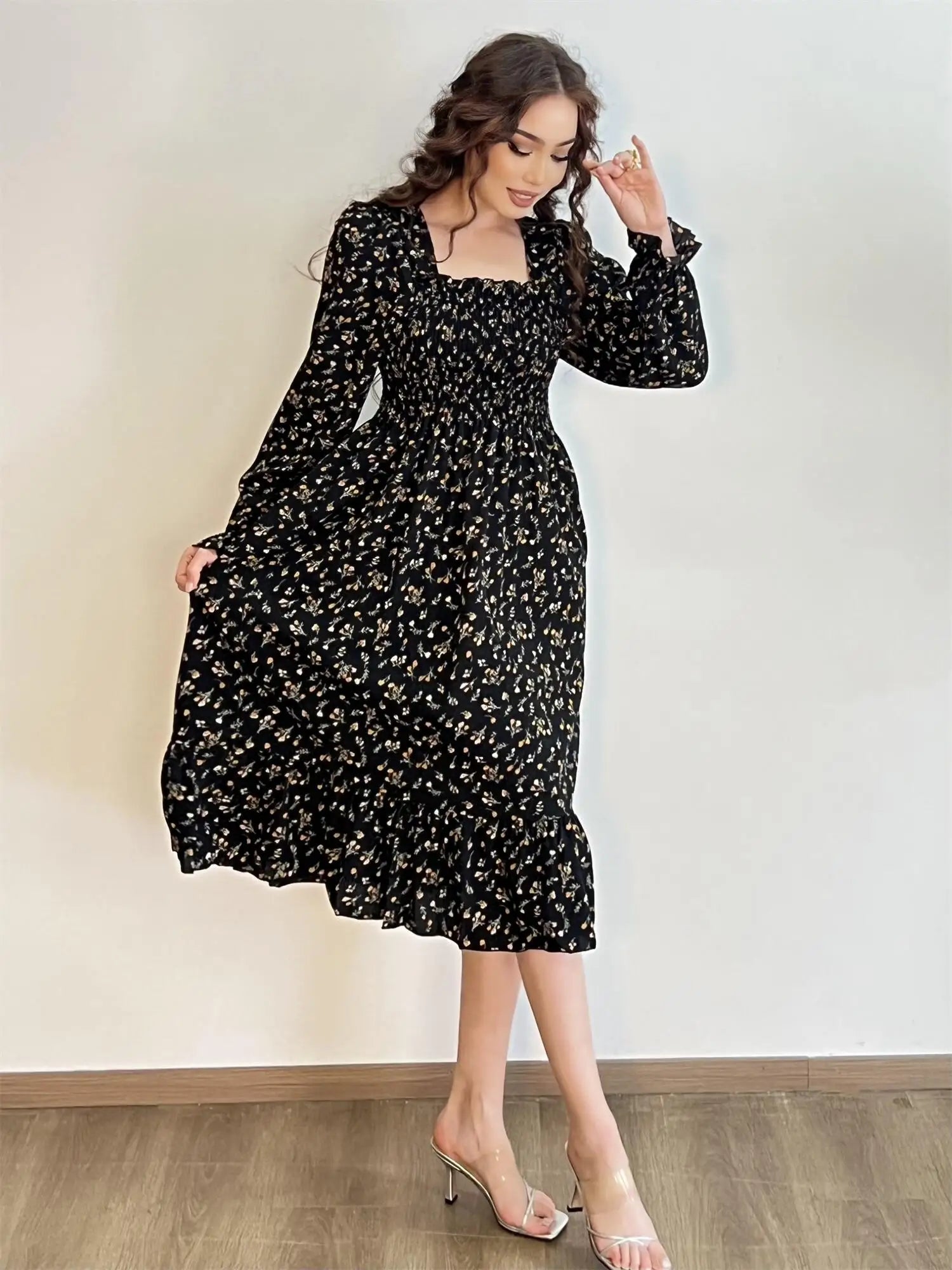 Robe décontractée en mousseline de soie pour femme, manches longues, coupe trapèze, imprimé floral, élastique sur la poitrine, lacets, mi-longue, automne et printemps