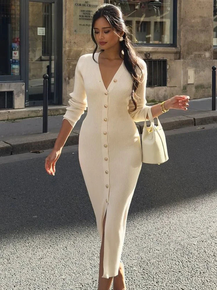 Robe de soirée élégante Trendix pour femmes, col en V, manches longues, patchwork, boutons, fente, pull, automne-hiver 2024, robe longue en tricot