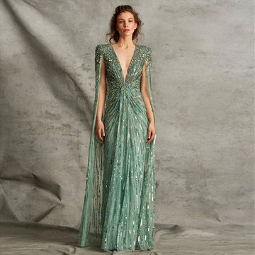 Robe de soirée luxueuse Alice CollectionPro vert sauge pour femme 2025 avec manches cape, robe de mariée longue champagne sur mesure