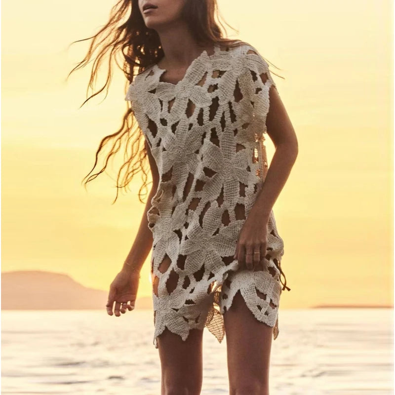 Robe de plage sexy en tricot pour femme, maillot de bain d'été 2025, col en V ajouré, manches courtes, cache-maillot