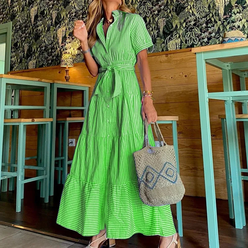 Robe longue à rayures bleues pour femmes, manches courtes, lacets, ourlet à volants, style streetwear, style bohème, vacances, bureau, robes d'été