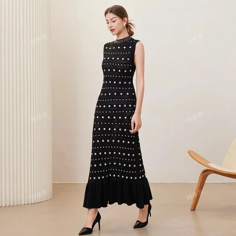 Robe tricotée de style européen et américain pour femme, col rond, perles chaudes, style unique, amincissant, longue, printemps/été