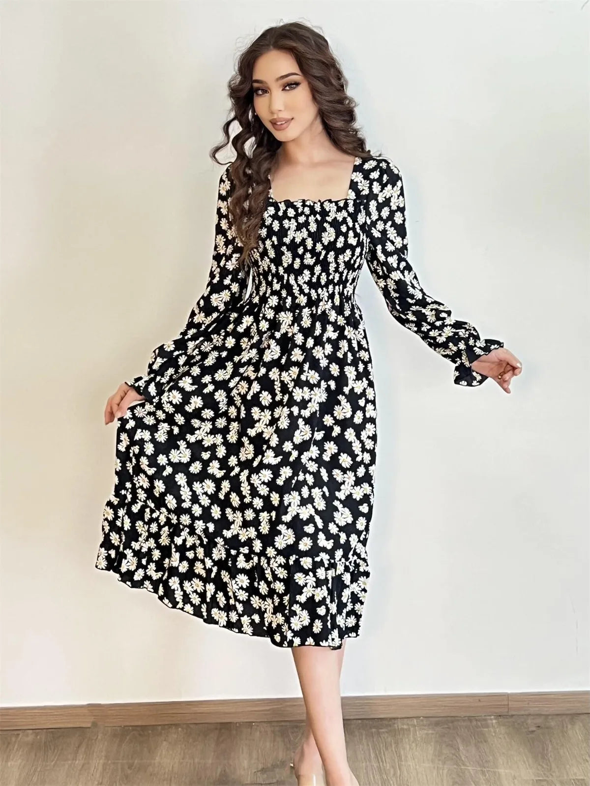 Robe décontractée en mousseline de soie pour femme, manches longues, coupe trapèze, imprimé floral, élastique sur la poitrine, lacets, mi-longue, automne et printemps