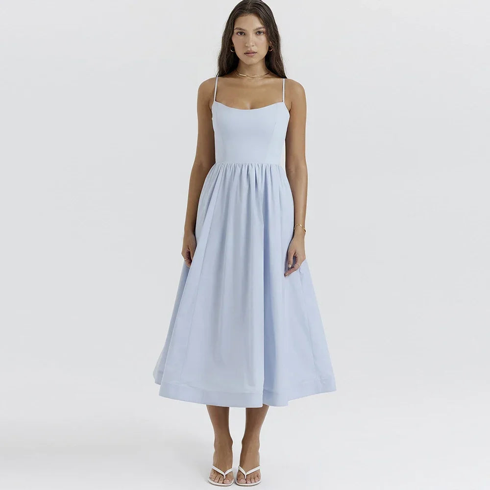 2025 Robes pour femmes Rose Élégante et Jolie Midi Blanc Robe de Vacances Spaghetti Strap Robe de Plage A Ligne Robes de Soirée