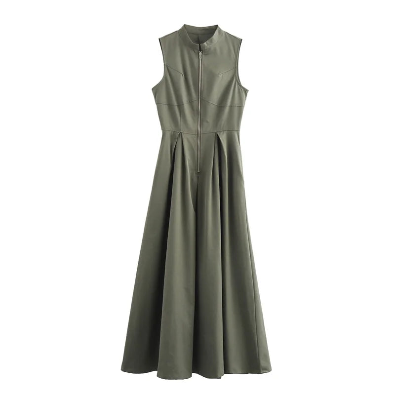 Robe longue à fermeture éclair pour femme, plissée, sans manches, moulante, élégante, tenue de soirée, mi-longue, été, 2025