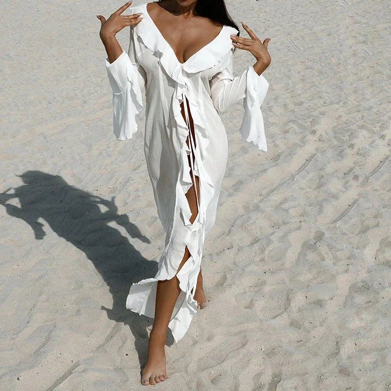 Nouvelle tunique de plage en mousseline de soie, robe de protection solaire, vêtements de plage pour femmes, col en V sexy, volants, manches longues, noir et blanc