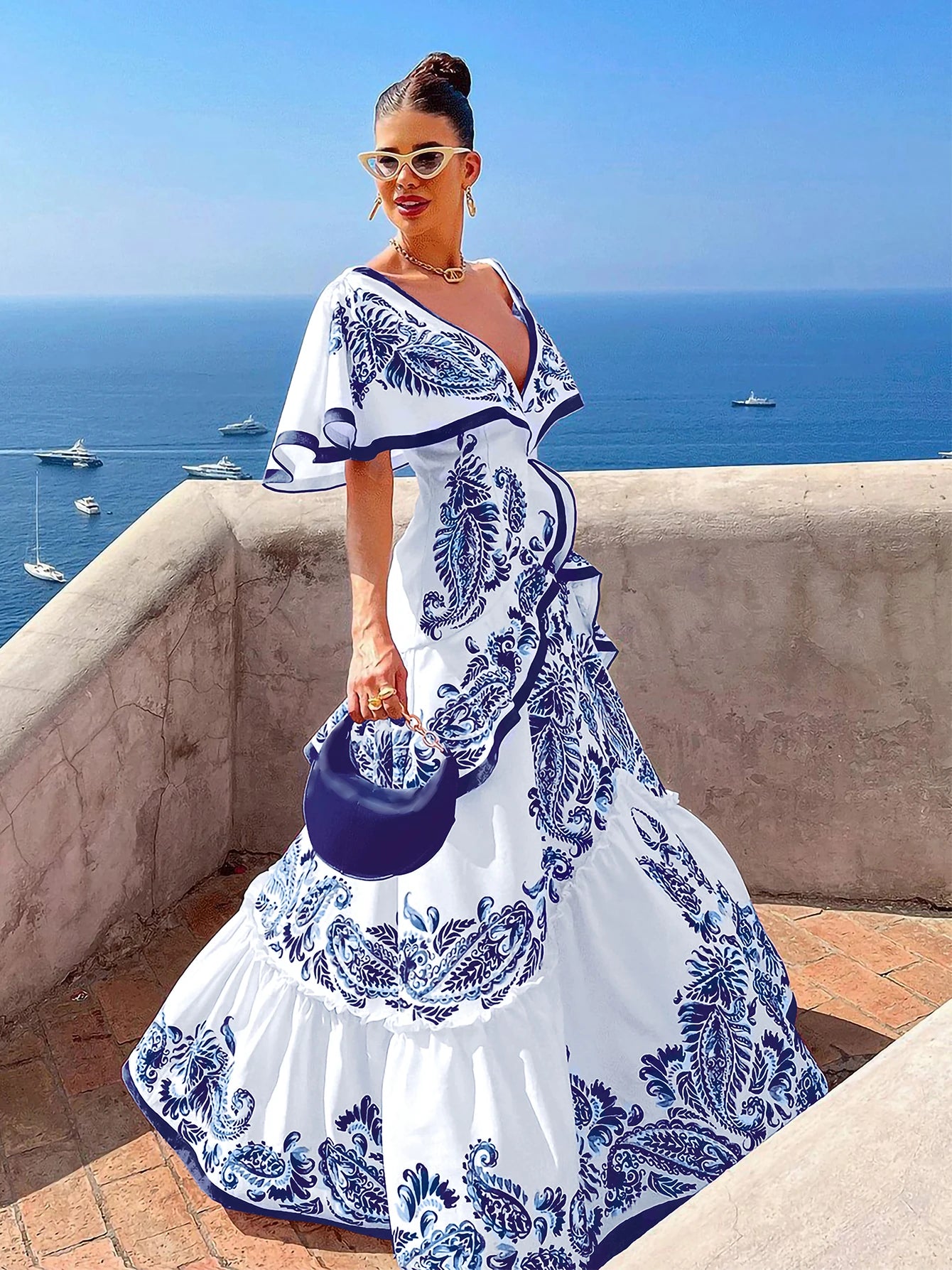 Robe longue à volants pour femme, tenue de plage, grande taille, col en V, sexy, idéale pour les fêtes et les vacances