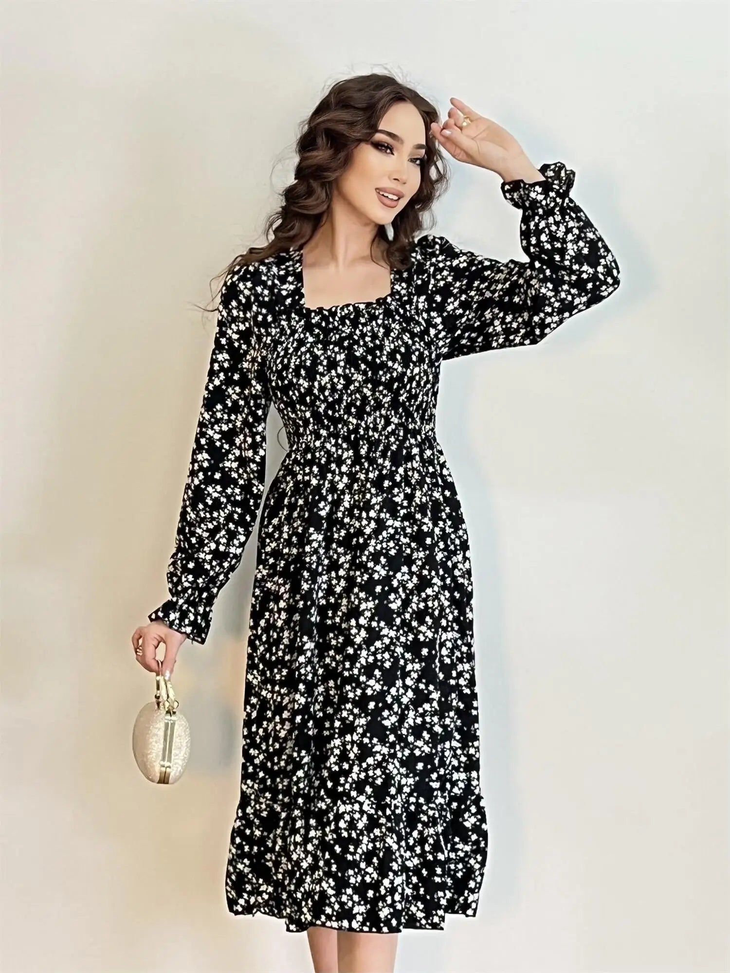 Robe décontractée en mousseline de soie pour femme, manches longues, coupe trapèze, imprimé floral, élastique sur la poitrine, lacets, mi-longue, automne et printemps