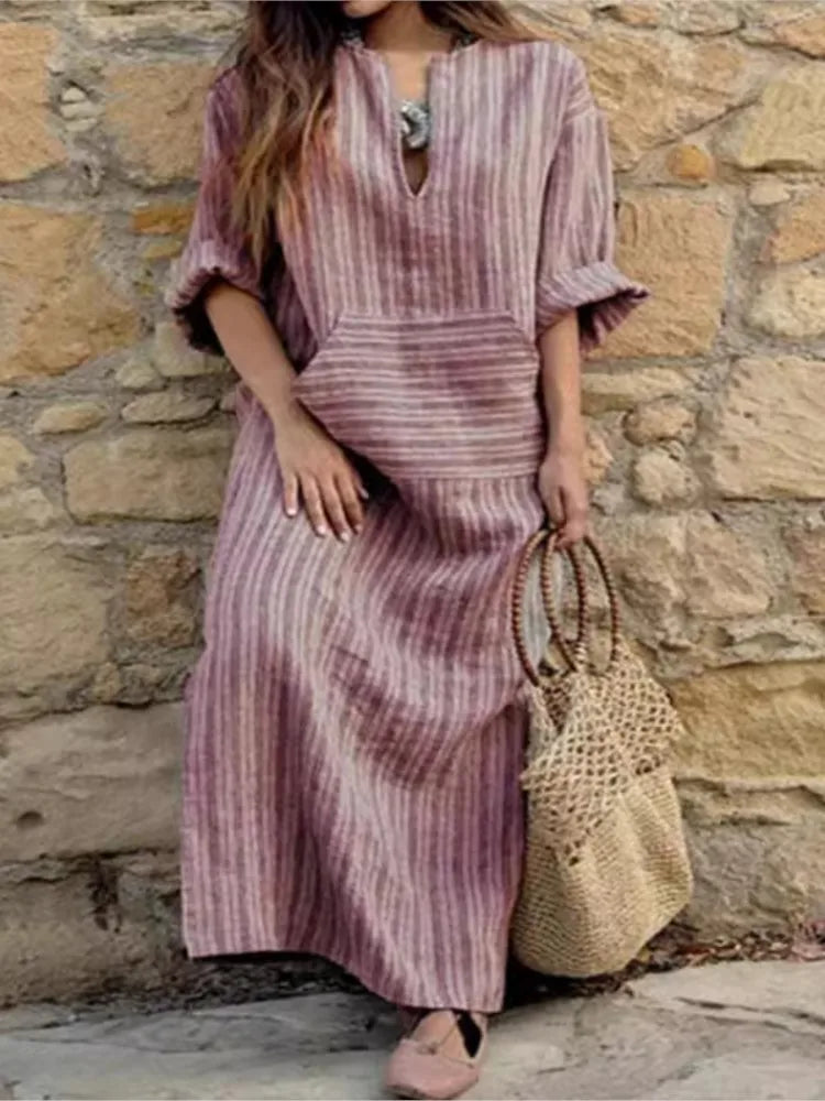 Robe longue à rayures en coton et lin teints en fil pour femme, nouvelle collection automne, avec grandes poches tendance, robe ample sexy à col en V et manches longues
